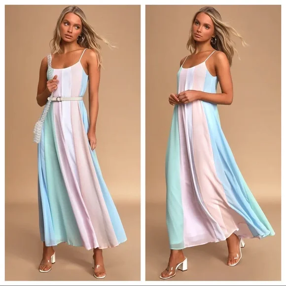 Lulus | Dresses | Nwot Lulus Days To Remember Light Blue Multi Striped Maxi  Dress | Poshmark